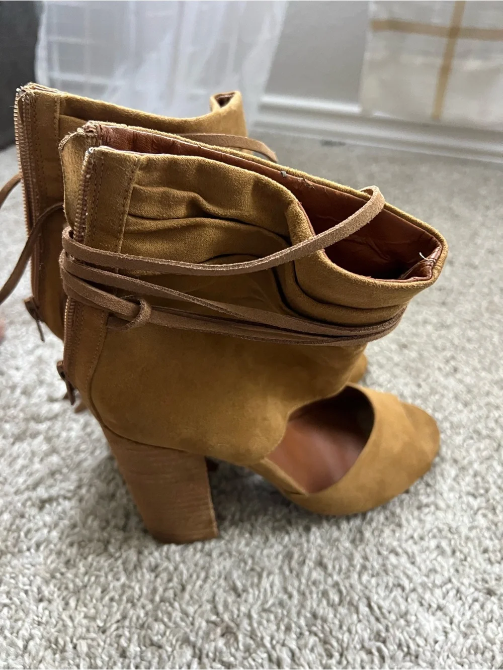 Mojo Moxy Tan Suede Peep-Toe Ankle Wrap Heels